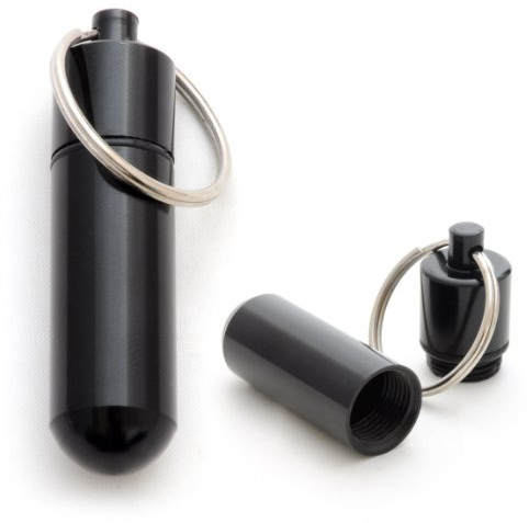 Ganzoo lot de 2 boîtes à pilules étanches noir, aluminium, bouchon vissé avec joint caoutchouc, capsule porte-clés pour médicaments et petites pièces, anneau 24 mm, 48 mm hauteur, diam 14 mm/11 mm