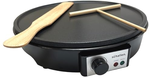 Schallen Black 1000W Electric Traditional Pancake & Crepe Maker Machine, 12 Hot Plate and Utensils Included