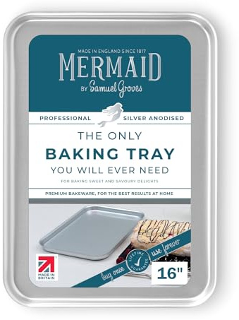 Mermaid 16 Silver Anodised Baking Tray – Non Toxic Professional Heavy Duty Aluminium Oven Tray, Naturally Non Stick Baking Sheet, Silver Anodised Bakeware - Made in England By Samuel Groves
