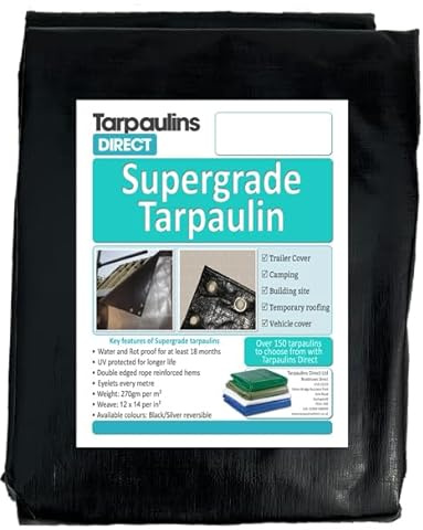 Super Grade Tarpaulin 8.0m X 6.0m 270gsm Black/Silver Ultra Heavy Duty Tarp Sheet with Metal Eyelets