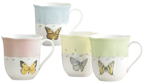 Lenox Coffee Mug Set, Butterfly Meadow 4-Piece Mug Set, Service for 4, White Porcelain Mugs, 10 Ounce Capacity, Microwave And Dishwasher Safe, Ceramic Mugs, Coffee Cups, Tea Cup (Assorted, 4 Piece)