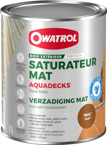 OWATROL - AQUADECKS - Saturateur Mat Bois Extérieur - Teinte Teck - 1L | Saturateur bois pour terrasses et bardages - Protège contre les UV et l'humidité - Finition mate naturelle et séchage rapide
