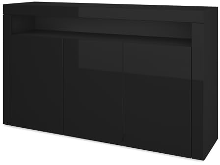 Vladon Sideboard Valencia, Kommode mit 3 Türen und 1 offenem Fach, Schwarz matt/Schwarz Hochglanz (155 x 92 x 40 cm)