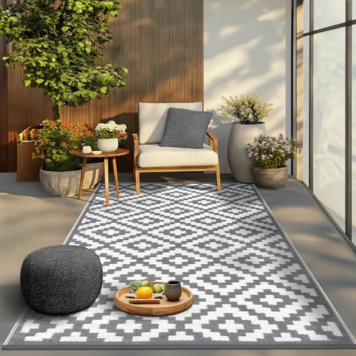 Green Decore Reversible Recycled Plastic Outdoor Rug | Perfect for Garden, Patio, Picnic, Decking | Stain And Water Resistant | Nirvana Grey/White 120x180 cm