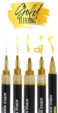 Online 5er-Set Acryl Stifte Gold I Stark deckendes Handlettering Set mit Brush Pen, Fineliner, Kalligrafie Stift & Markern I metallic Acryl Marker für DIY-Projekte I Papier, Glas, Holz, Stein, Stoff