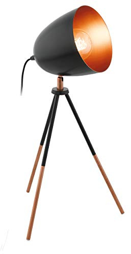 Eglo lampada da tavolo con treppiede Chester, lampada da tavolo vintage a uno punto luce, lampada da comodino in acciaio, nero, rame, presa E27, interruttore incl
