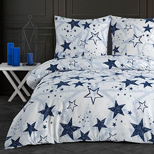 Buymax® Bettwäsche 155x220 cm Sterne Weiß-Blau – 4-teiliges Bettwäsche Set 2 x 155 x 220 cm, Renforcé 100% Baumwolle, 2 Bettbezüge mit 2 Kissenbezügen 80x80 cm, Oeko-TEX, Reißverschluss
