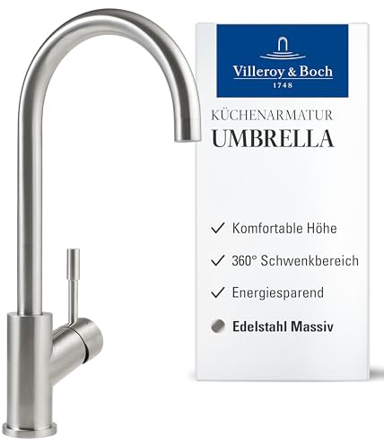 Villeroy & Boch Umbrella, grifo de cocina de alta presión, con ColdStart para ahorro de energía, cartucho cerámico y alcance giratorio 360°, ahorro de agua, altura del caño 275 mm, acero inoxidable
