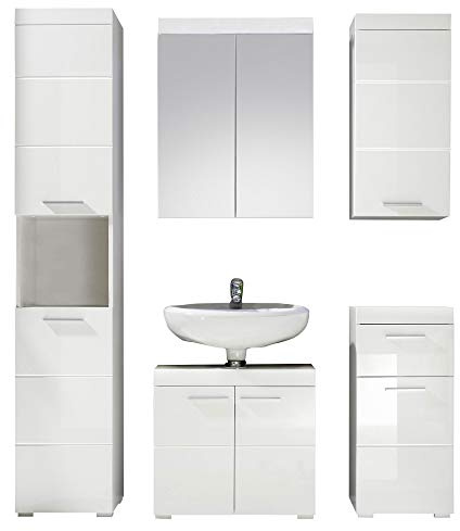 trendteam smart living - Amanda - Badezimmer Komplettset (WBU + Spiegelschrank + Standschrank + Hochschrank + Hängeschrank) - Weiß/Weiß Hochglanz - (BxHxT) 163 x 190 x 34 cm - Kratzfest | B 163 x H 190 x T 34 cm · feuchtraumgeeignet · optional mit LED-Beleuchtung