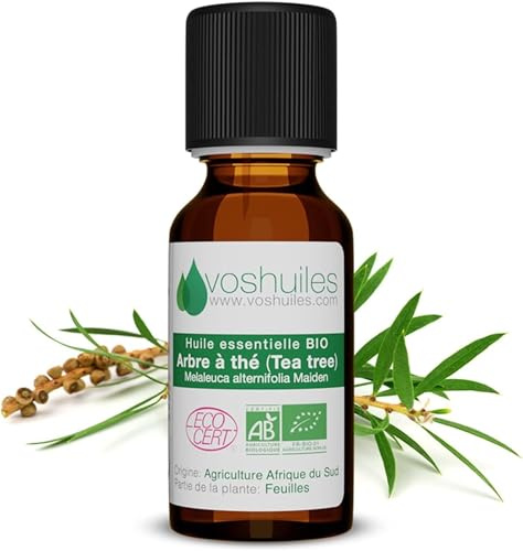 VOSHUILES - Huile Essentielle Arbre à Thé BIO 10ml - Parfum Citronné et Boisé - 100% Pure et Naturelle - HEBBD et ECOCERT - Nombreuses Vertus - Qualité Supérieure