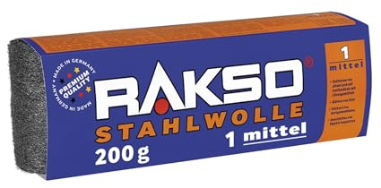 RAKSO Lana de Acero Grado Medio 1 – 400 g, 2 rollos de 200 g, alisa superficies de madera, elimina barniz antiguo de muebles antiguos, limpia