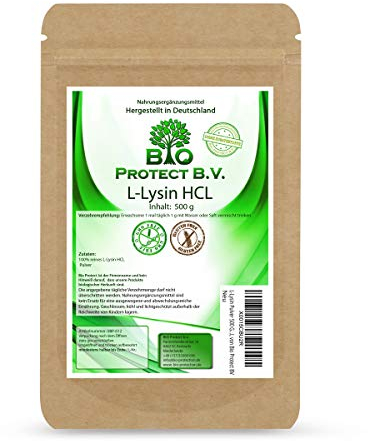 L-Lysin Pulver 500 Gramm ohne Zusatzstoffe - 100% rein und ohne Magnesiumstearat - Vegan - Lysin HCL von Bio Protect BV