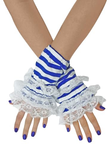 TrendandStylez Ringel Armstulpen Damen gestreift mit Spitze – Fingerlose Handschuhe als Kostüm Zubehör für Karneval & Fasching, Elegante Pulswärmer für Party & Gothic Outfits