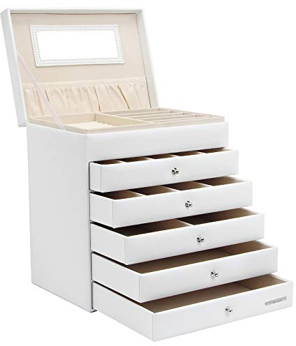 Yorbay Schmuckkoffer Seelux Serie Schmuckkasten mit Spiegel, 5 Schubladen (Weiß)