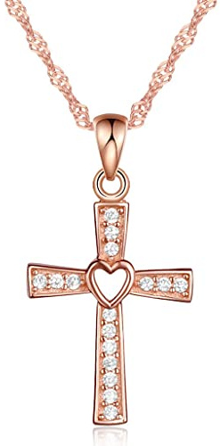 Unendlich U Klassisch Kreuz Ketten Herz Damen Halskette 925 Sterling Silber Zirkonia Anhänger Kette mit Anhänger, Rosegold
