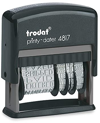 Trodat Printy 4817 Datumstempel mit Wortband, Deutsch, Schwarz, 12 Office-Texte zum Drehen, Abdruck 47x4 mm, Stempelkissen schwarz, selbstfärbend