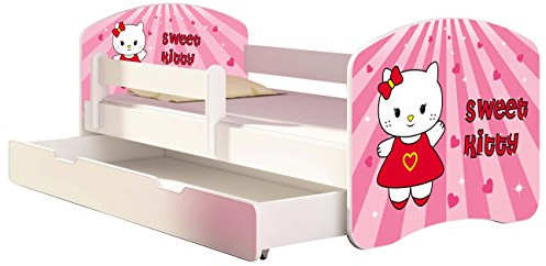 ACMA Kinderbett 160x80 Jugendbett mit Einer Schublade und Matratze, Rausfallschutz, Lattenrost Weiß, stabil, Kinderzimmer Bett, Jugendmöbel Design 15 Sweet Kitty