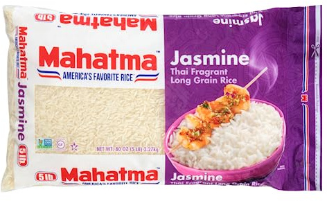 Mahatma Jasmine, 5lb Bag of Rice, Thai, Indian, or Cambodian Fragrant Flavored Rice, Stovetop or Microwave
