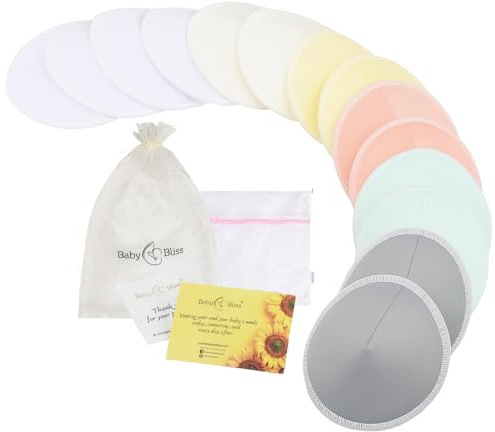 Organic Nursing Pads - 14 Washable Viscose Derived from Bamboo Breastfeeding Pads, Reusable Breast Pads for Breastfeeding, Nipple Pads with Wash Bag (3-Layers, Pastel Touch, 4.7)