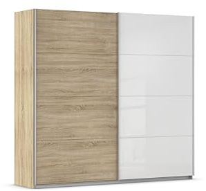 Rauch Möbel QUADRA, Schwebetürenschrank, Eiche Sonoma/Glas Weiß, 226 cm | Kleiderschrank mit Schwebetüren, Schiebetüren, 2-türig, für Schlafzimmer, Kinderzimmer, Jugendzimmer, Garderobe