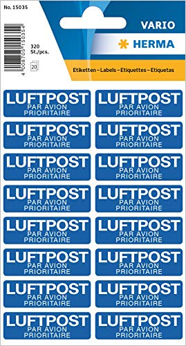 HERMA 15035 varning etiketter med LUFTPOST tryck (40 x 12 mm, 20 ark, papper, matt) självhäftande, permanenta varningsskylt, 320 klistermärken, blå
