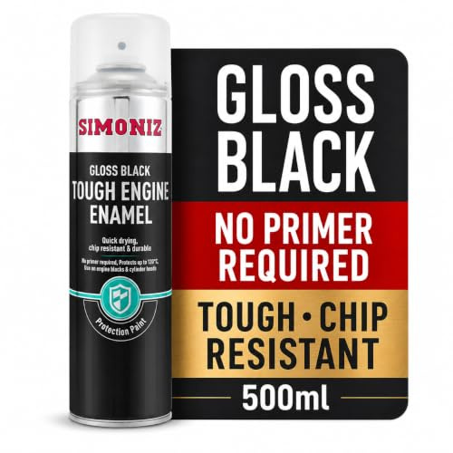 SIMONIZ Tough Black Gloss 500ml, 1 g (Pack of 1) | No-primer black spray paint with a smooth, chip-resistant gloss finish for metal, automotive and DIY projects.