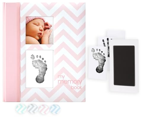 Pearhead Baby Memory Book, First 5 Years Baby Milestone Book, Pregnancy Journal, Gender Neutral Newborn Keepsake, With Clean-Touch Ink Pad For Baby's Handprint or Footprint, Pink Chevron
