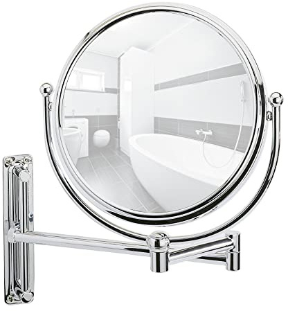 WENKO Miroir cosmétique mural Deluxe - réglable en hauteur, orientable, surface de miroir ø 19 cm 500 % grossissement, Acier, 23 x 28.5 x 33 cm, Chromé