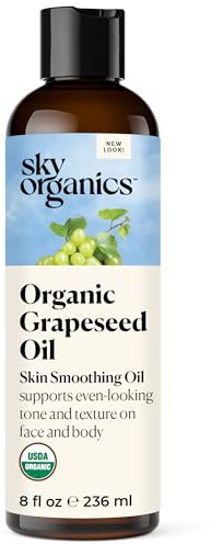 Sky Organics Bio Druvfröolja för ansiktet, 100% ren druvfröolja organisk kallpressad – USDA certifierad fuktgivande klargörande och uppfriskande, 237 ml