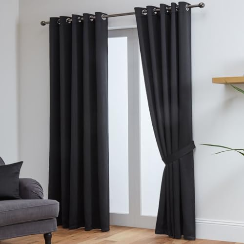 John Aird Blackout Curtains Thermal Energy Saving Eyelet Curtains for Bedroom & Living Room Including Tie Backs (Black, W 46 x L 90 (2 Panels)
