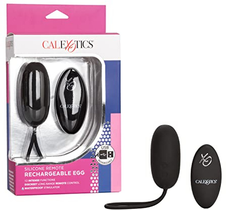 CalExotics Silicone Remote Rechargeable Egg Bullet Vibrator, Waterproof and Silicone 12-Function Stimulator with Easy Retrieval Cord Adult Couple Sex Toy Black SE-0077-30-3