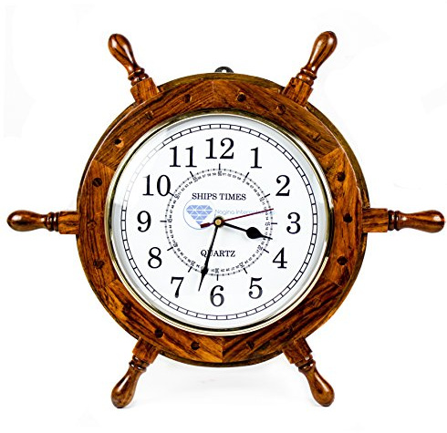 Nagina International Nautical Hand Crafted Wooden Ship Wheel With Quartz Times Wall Clock - Pirate Nursery Home Decor (16 Inches, White Dial Face)