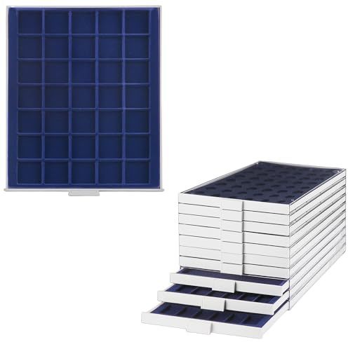 Prophila Collection Münzbox grau 35 eckige Fächer für Münzen bis 36mm, Blaue Einlage z. B. 10 DM, 10 Euro, 5 Rubel