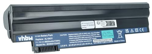 vhbw 1x batería Compatible con Acer Aspire One D255 | D260-2203, D260-2207, D260, D257, D260-2028 notebook (6600 mAh, 11,1 V, Li-Ion) negro