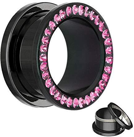 Kristall Flesh Tunnel in Schwarz - mit Pinken Kristallen - 17 Größen: 2 - 30mm - schraubbar - mit Kristallschutz! - Piercing Ohr Flesh Tunnel aus schwarzem Chirurgenstahl 316L (nickelfreier Edelstahl)