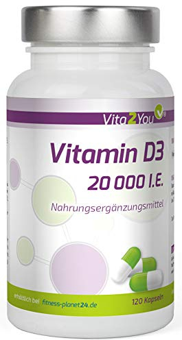 Vita2You Vitamin D3-20.000 IE - 120 Kapseln - Hochdosiert - 1000 I.E. pro Tag - 20000 Einheiten - Premium Qualität - Made in Germany