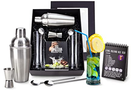 Römer Präsente Geschenkset Cocktailbox: 8-teilig, Cocktailshaker, Rezeptbuch mit 55 Rezepten, 2 Longdrinkgläser + 2 Löffel, 1 Barmaß in schwarzem Geschenkkarton