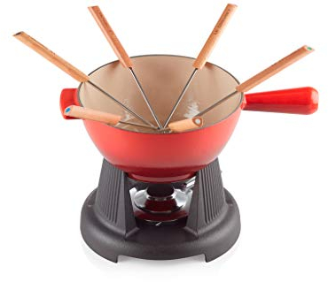 Le Creuset Set de fondue para queso de hierro fundido, Con 2 asas, tapa antisalpicaduras, quemador y 6 tenedores para fondue, Volumen 2 L, Cereza, 60020000602460