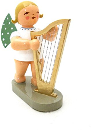 Wendt & Kuhn Engel mit Harfe, Handgefertigt, Grün, Porzellan-Engel-Figur, Traditionell, Weihnachten, Braun