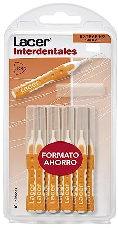 LACER - Cepillo Interdental Recto Extrafino Suave Pack 10 Unidades, Mango Bimaterial y Antideslizante, Cuello Flexible, Máxima Eficacia, Filamentos Tynex, Previene y Elimina Placa Bacteriana