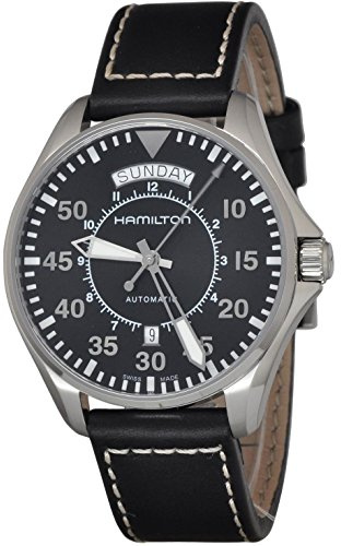 Hamilton Khaki Aviation Automatic Men's Watch, 42mm Stainless Steel Case, Swiss Made, Black Dial Analog Wrist Watch for Men, 100m Waterproof, Sapphire Crystal, Calf Leather Strap