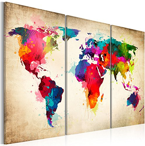 B&D XXL Weltkarte Pinnwand & Vlies Leinwand Bild 120x80 cm XXL Bilder mit Kork Rückwand 3 Teilig Kunstdruck Korktafel Korkwand Memoboard Pinboard Wandbilder Karte Landkarte
