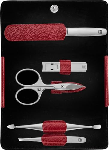 ZWILLING Maniküre-Set mit Nagel- und Hautschere, 5-tlg., Rot, Premium | Hochwertiges Reise-Etui aus Nappaleder mit rostfreien Edelstahl-Instrumenten zur Hand- und Fußpflege für unterwegs