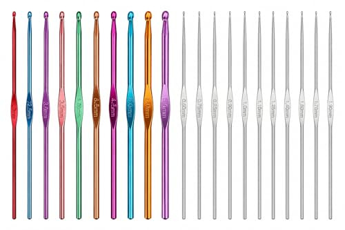 AKORD Pack of 22 Sizes Multi-Colour Aluminium & Steel Crochet Hooks Needles Yarn Weave Knit Craft Set in Case