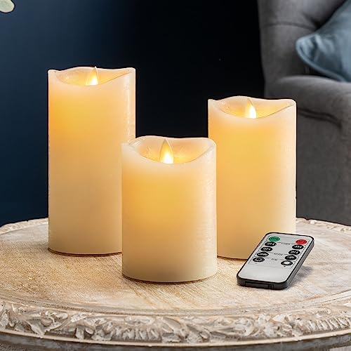 Christow 3 x Flickering Flameless LED Candles, Real Wax, Battery Powered Mood Lights, Remote Control with Timer & Brightness Function