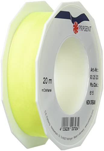 PRÄSENT C.E. Pattberg NEON Dream Band mit Drahtkante Yellow (gelb), 20 m Schleifenband für Bunte, 25 mm Breite, für knallige Geschenkverpackungen, Dekorationen & Applikationen