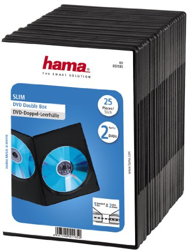 Hama Boîtier Slim Double (pour DVD, Convient également aux CD et disques Blu-Ray, Ultra Mince, avec Une Feuille pour la Couverture, Lot de 25) Noir/Transparent
