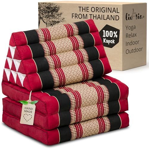 livasia Thai cushion with 3 seat rests - 69x20x3.1″ - Triangle cushion with folding mattress, Wedge cushion, kapok, Back support cushion, folding, Thai mat, folding, Hand made (Red/Black)