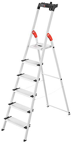 Hailo L80 ComfortLine Alu-Sicherheits-Stehleiter - 6 XXL-Stufen belastbar bis 150 kg - Tiefe Standfläche - Stehleiter mit Ablage - klappbare Aluleiter Made in Germany - Leiter rostfrei - Silber