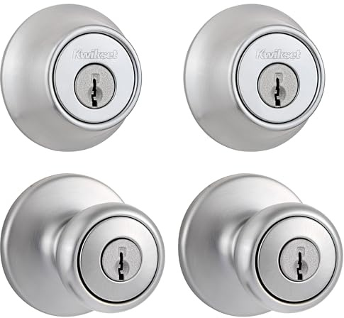 Kwikset Tylo Front Door Knob and Deadbolt Set, Entry Knob Combo Project Pack Exterior with Interior Door Knob, Satin Chrome, Pick Resistant SmartKey Rekey Deadbolt Security